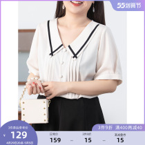 MsShe Big Code Womens Dress 2022 New Summer Fat Mm Uniform Sensation OL Ladies Hit Color V Character Flip Collar Short Sleeve Shirt