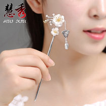 s925 Silver tassel plum blossom pearl hairpin Chinese ancient classical headdress Step hairpin Children jewelry gift