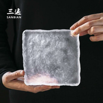 Three times Japanese-style glass pot tea stand Vintage handmade frosted glass Dry battery pot pot plate pot pad Tea ceremony accessories