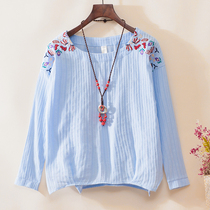 Embroidered wild cotton linen top clothing base shirt 2020 spring retro loose large size small shirt long-sleeved T-shirt women