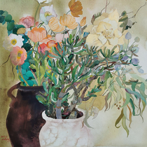 (originally made) Central American Academy Xiao Qing < Basin Flower > Unmounted 58 * 42cm paper This watercolor painting auction
