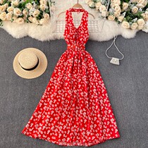 Neck lace-up deep V neck dress Sanya travel clothes Super fairy Beach Skirt Photo net red holiday