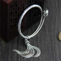 Yinqi Silver S990 Sterling Silver Carved Small Fish Bracelet Ladies Vintage Thai Silver Lotus Tassel Bracelet