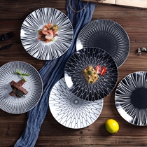 Ceramic flat plate shallow plate creative pattern running water Western restaurant plate European black and white line pasta steak plate