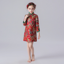 Chinese style girls improved cheongsam Red childrens clothing plus velvet baby Tang suit New year dress baby New year dress winter dress