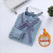 2021 early spring new Korean bottoming top loose plus velvet thickening bow long-sleeved shirt jacket female