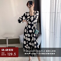 Cui Aunt Cui custom French polo sunscreen skirt V collar design sense print long sleeve slim waist waist high waist dress