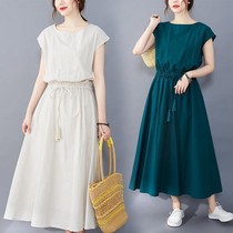 Literature and art show long skirt fat sister waist a loose big pendulum new vest women cotton linen dress thin summer