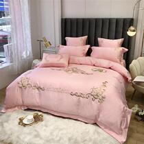 (Q BB) European style solid color embroidered silk four-piece ice silk quilt cover cotton sheets 1 8M kit pure cotton