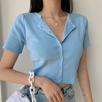 LIVIA multicolor breasted stretch knitted stretch T-shirt womens ins fashion summer short high waist navel slim cardigan