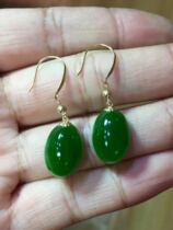 Natural Xinjiang Hetian Jasper egg noodles drop earrings 18k gold inlaid ice spicy green spinach green oval ear hook