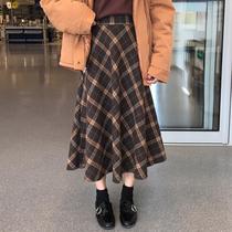 Hairy plaid skirt womens autumn and winter retro high waist slim cover hip A- line dress big dress long umbrella skirt