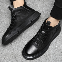 Tide in Martin Boots Male Spring New High-gang Leisure Soft Leather Shoes Increased Lighted Black Boots for Men