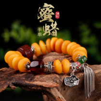 Pu Cai natural old honey Simple mens and womens models follow the shape chanterelle yellow amber beeswax hand string wax silver bracelet with certificate