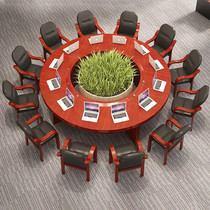 Shanghai New 6 People -10 People Round Table Solid Wood Leather Conference Desk Modern Simple Prime Minister Office Furniture Spot