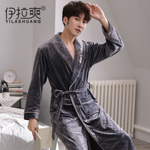 Island velvet mens bathrobe pajamas One-piece large size adult bath Coral velvet nightgown mens winter thickened long section