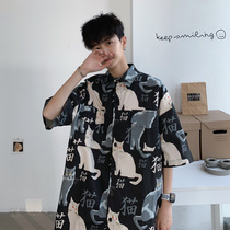 Hong Kong wind ins cat short sleeve flower shirt trend loose couple half sleeve tide brand retro ruffian handsome printed shirt men
