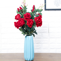 Three-headed flannel rose high simulation quality fake flowers living room table floor-to-ceiling decoration feel floral art