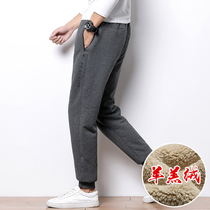 Winter men plus velvet padded sweatpants warm lamb cashmere foot cotton pants casual pants mens loose long pants