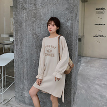 Hong Kong trendy brand Korean version of the alphabet mid-length sweater dress womens spring and autumn new loose casual round neck T-shirt dress