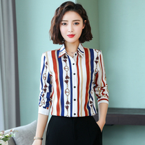 Shirt womens 2020 autumn new Korean version loose chiffon shirt striped long-sleeved shirt middle-aged mother top