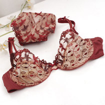 European and American wine red sexy luxury mesh lace embroidery ultra-thin bra set Winter fat mm bra D cup is small