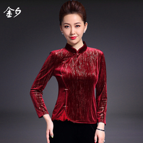 National Wind Middle Aged Womens Dress Gold Velvet Blouse Middle Age Big Code Mom Dress Spring Autumn Clothing T-shirt With Long Sleeve Undershirt