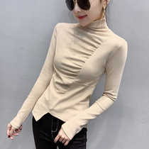 Europe station 2021 autumn and winter new fashion irregular T-shirts women long sleeves 100 hitch high collar bottom jersey