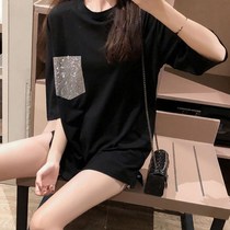 Chao brand 2021 summer short sleeve T-shirt female medium long heavy industry hot diamond ins loose Korean half sleeve cotton top