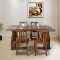 All solid wood furniture log table rectangular solid wood dining table and chair combination retro original ecological dining table