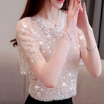 2020 Summer new new Han Fan slim temperament fresh fashion super fairy chiffon shirt short sleeve sequin coat female