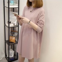 Maternity spring top Korean version loose high waist doll skirt Medium long base shirt T long sleeve maternity dress