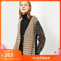 LILY winter new womens patched sleeve V-collar loose slim knitted cardigan sweater 119430B8351