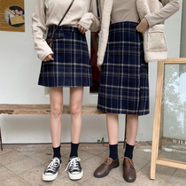 Large size high waist A- line dress autumn and winter fat mm plaid skirt long woolen one-step skirt split hip skirt