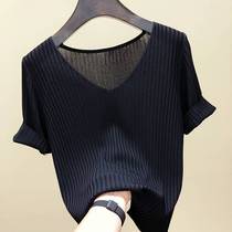 Ice Short Sleeve T-shirt Female New Summer 2022 Mint Loose Korean Version Fashion Black Knit Shirt Shirt Women