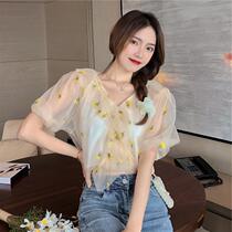Summer Europe Station cover Belly Lotus Leaf Side Snow-spinning Cardiovert-Waistcoat Waist Foreign Air Fashion Bubble Sleeve Blouse Women