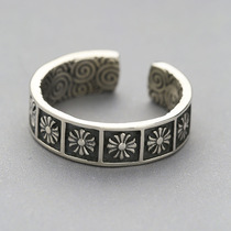 s925 sterling silver ring retro Thai silver European and American embossed pattern personality open ring live mouth ring female hand decoration ring