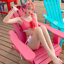 Small House Japanese ins Wind girl retro red plaid high waist cute split strap Conservative holiday swimsuit woman