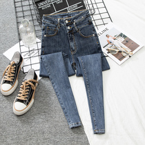 Jeans woman high waist display slim 2022 Spring and autumn Korean version new ins blue grey double buckle repairs with small feet long pants