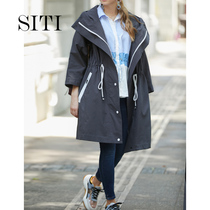 Siti dark gray hooded windbreaker waist tooling version loose mid-length jacket top spring and autumn women