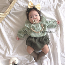 ins22 Spring Autumn New Korea Baby Baby Plaid Lotus Leaf Collar Blouse Large PP Bread Shorts Two Suits