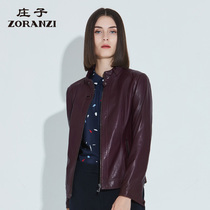  ZORANZI Zhuangzi wine red goatskin short leather jacket autumn and winter womens clothing LWO17035