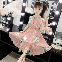 Girls  dresses 2021 summer Korean version of fashion big child foreign Chiffon princess dress Children floral beach dress