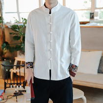 Chinese style mens linen cotton embroidery long sleeve shirt casual youth retro style tunic suit stand collar shirt