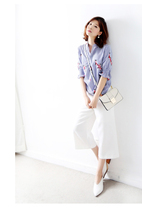 Shirt Womens V Collar Korean Fashion Joker hipster Embroidery Sweet 2019 Summer New Blue and White Striped Shirt