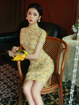 Yellow Cotton Linen Qipao 2021 New Small Subshort Retro China Wind Improvement Tandem Dresses Everyday Can Wear