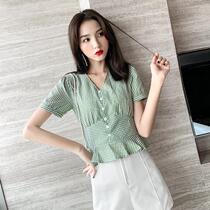Lotus Leaf Side Plaid Bubble Cuff Blouse Blouse Women 2022 Summer New Skirt Hem Pinched Waist Foreign Air Short Sleeve Shirt