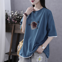 Han Suoyi Retro Art Summer New Short Sleeve T-Shirt Women ins Tide Jacket Embroidered Five Sleeve Jacket