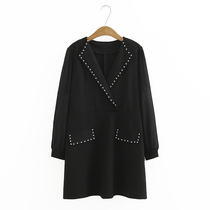 Gu Gujia large size spring temperament lapel OL wind suit skirt female fat mm220 catties pearl decoration dress female