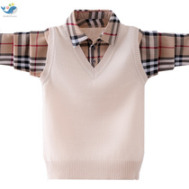 Boys sweater Spring and Autumn long sleeve childrens fake two-piece sweater 2021 New Tong children Plaid Shirt shirt collar thread coat